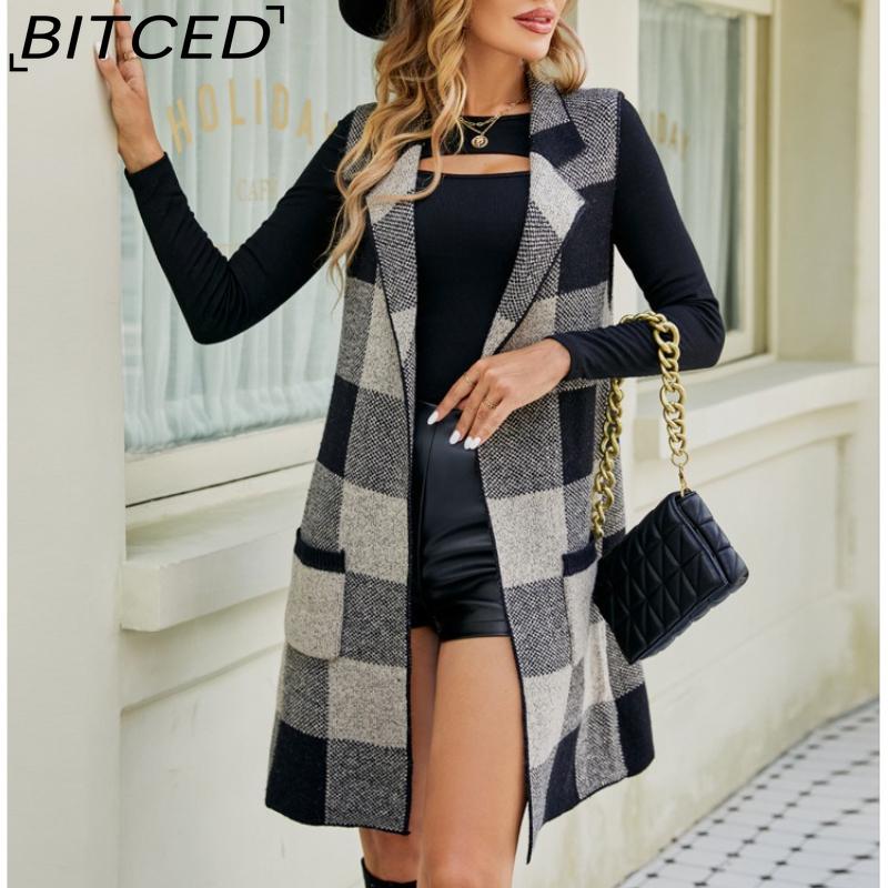 BITCED Women's Longline Blazer-Collar Sleeveless Knit Cardigan Check Jacquard Knitted Vest Outerwear Cardigan