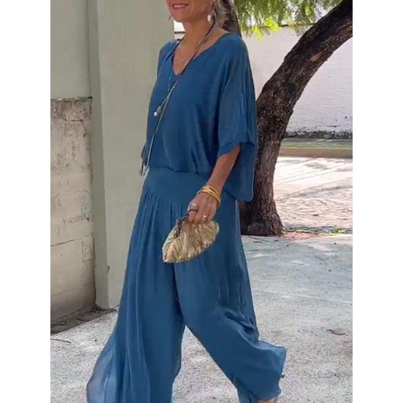 Women's Sexy V-neck Short Sleeved Top And Wide Leg Pants Sets Summer Chiffon Casual Outfits Casual Loose Street Two Piece Sets