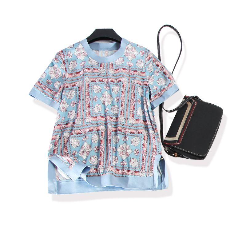 

Misty Series! Original Sky Blue Gradient Short Sleeve Skin Lining New Summer New Arrival T-shirt Female Thread Weight Drape Sky Blue L