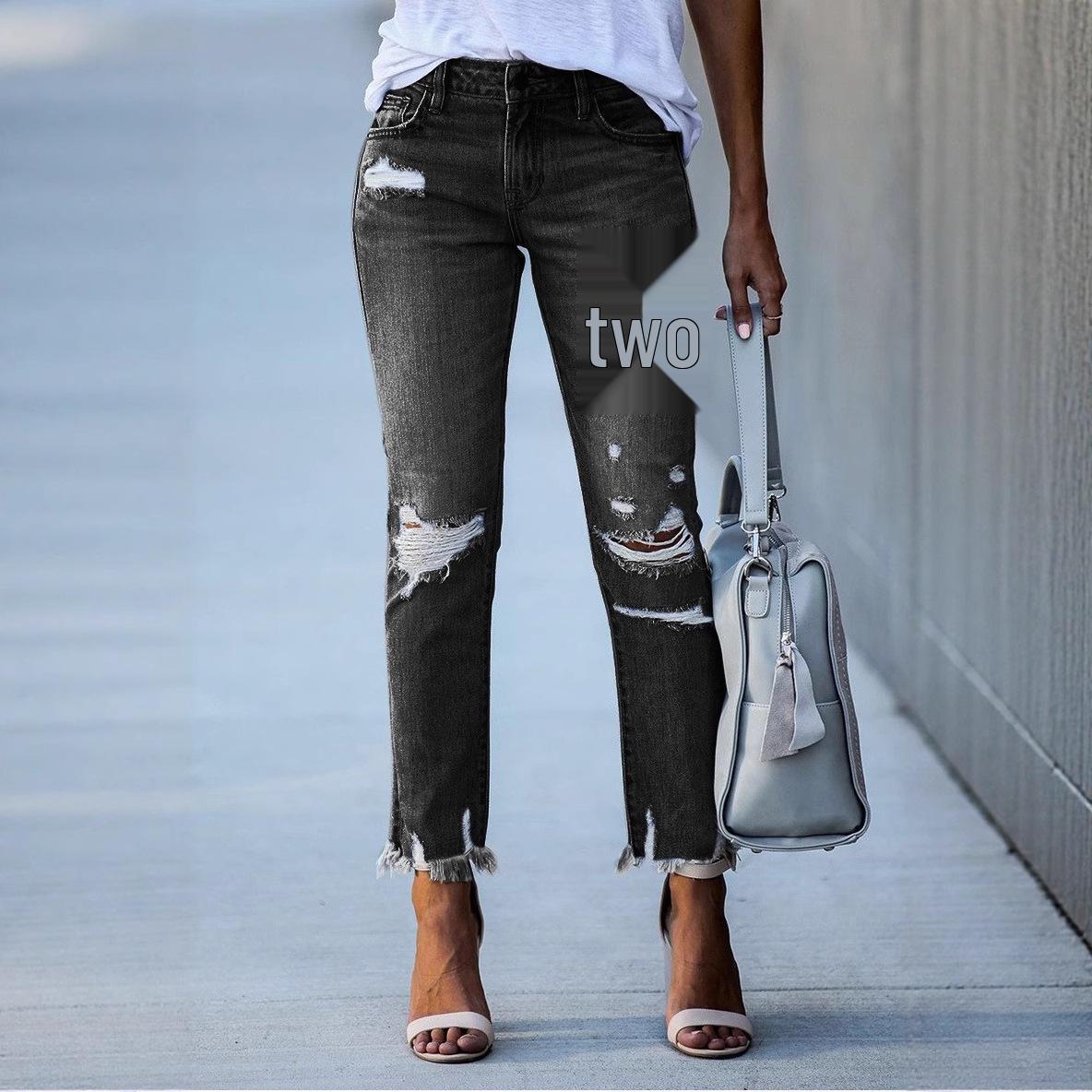 

2025 Washed Ripped Tassel Ladies Skinny Jeans - European & American Slim Stretch Style Double Extra Large чорний