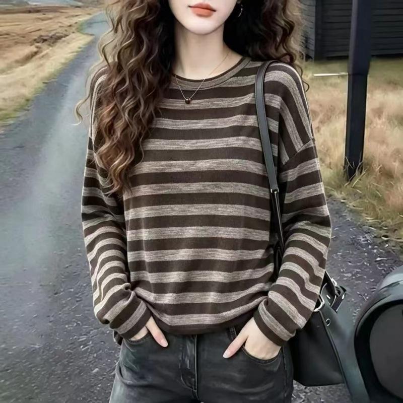 Loose Striped Drop Shoulder Long Sleeve T Shirt For Early Autumn Layering