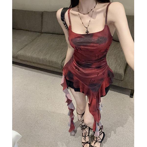 

Retro Tie-Dye Ruffle Spaghetti Strap Tank Top for Women - Waist-Cinching Slim Summer Outerwear S (for 80-90 jin) червоний
