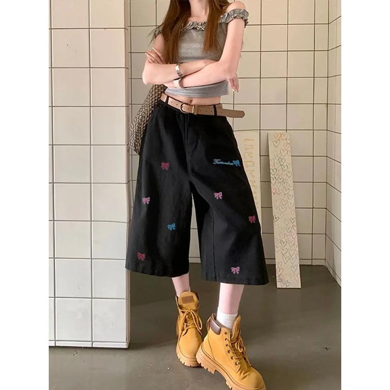 Neue Sommer Cropped Jeans Damen High Waist Vielseitig Locker Gerade Weiter Bein Shorts