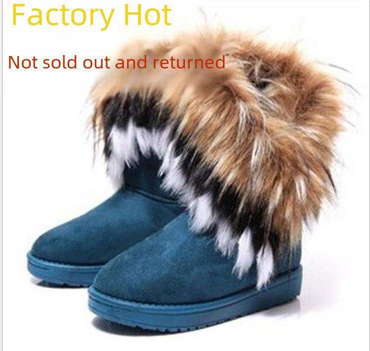 Damen Mid-Calf Schneestiefel mit Fuchsfellbesatz - Winter Baumwollfutter