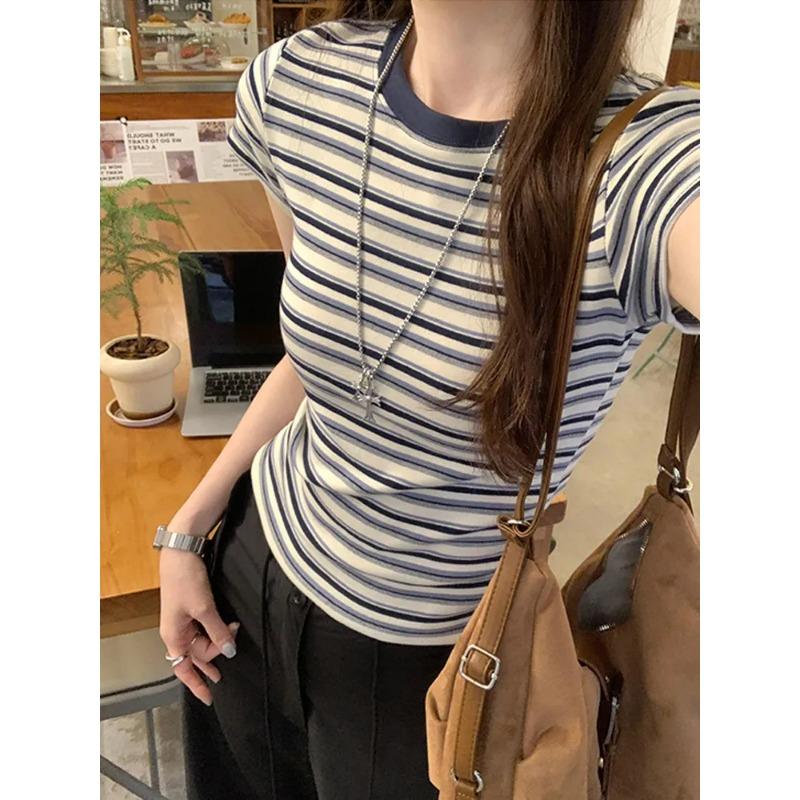 Contrast Striped Right Shoulder Short-sleeved T-shirt for Women Summer New Slim Fit Round Neck Short Top for Small People