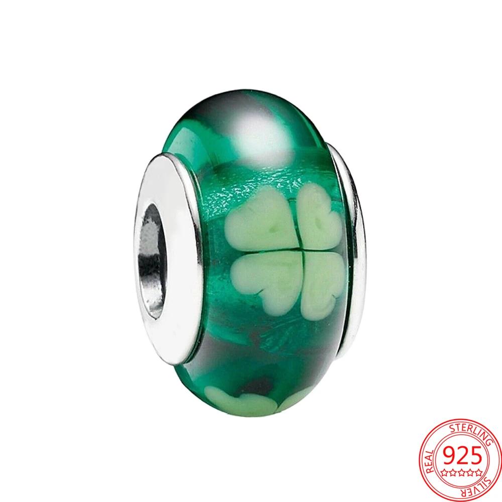 Copper Metal Green Collection Flower Four Leaf Clover Murano Glass Charm Bead Component Compatible With Bracelet High Quality Fine Jewelry Women Do