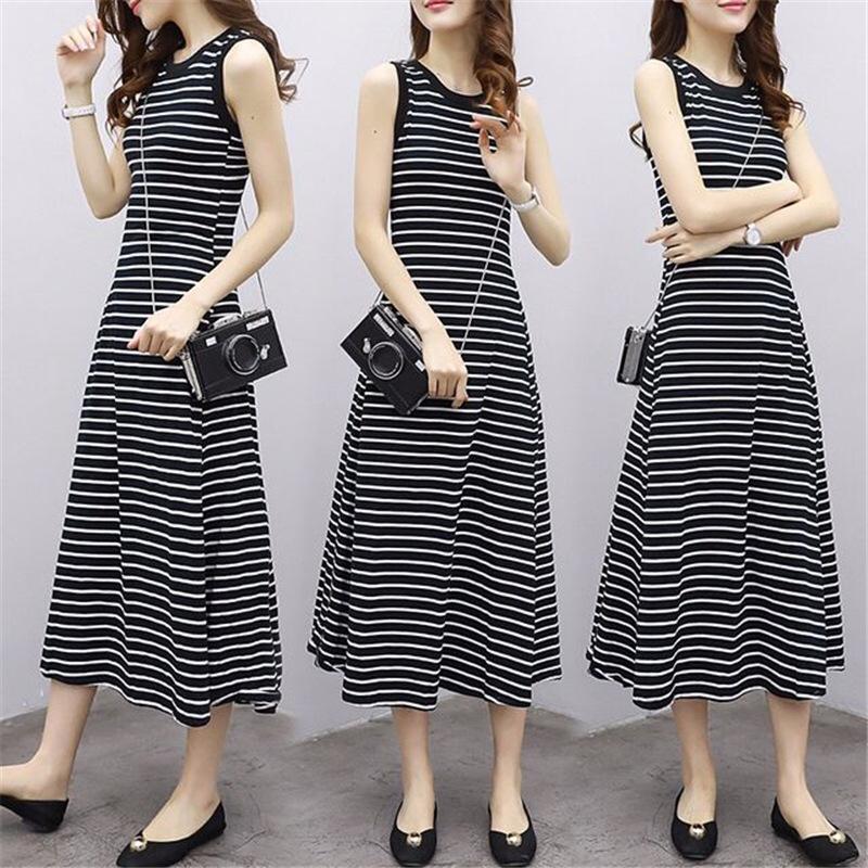 Korean Retro Striped Sleeveless A-line Dress for Women