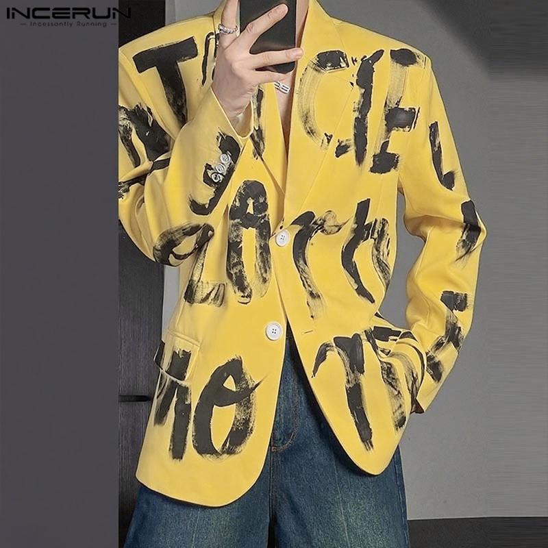 INCERUN Oversized Men Lapel Neck Long Sleeve Print Casual Loose Thin Blazer Coats