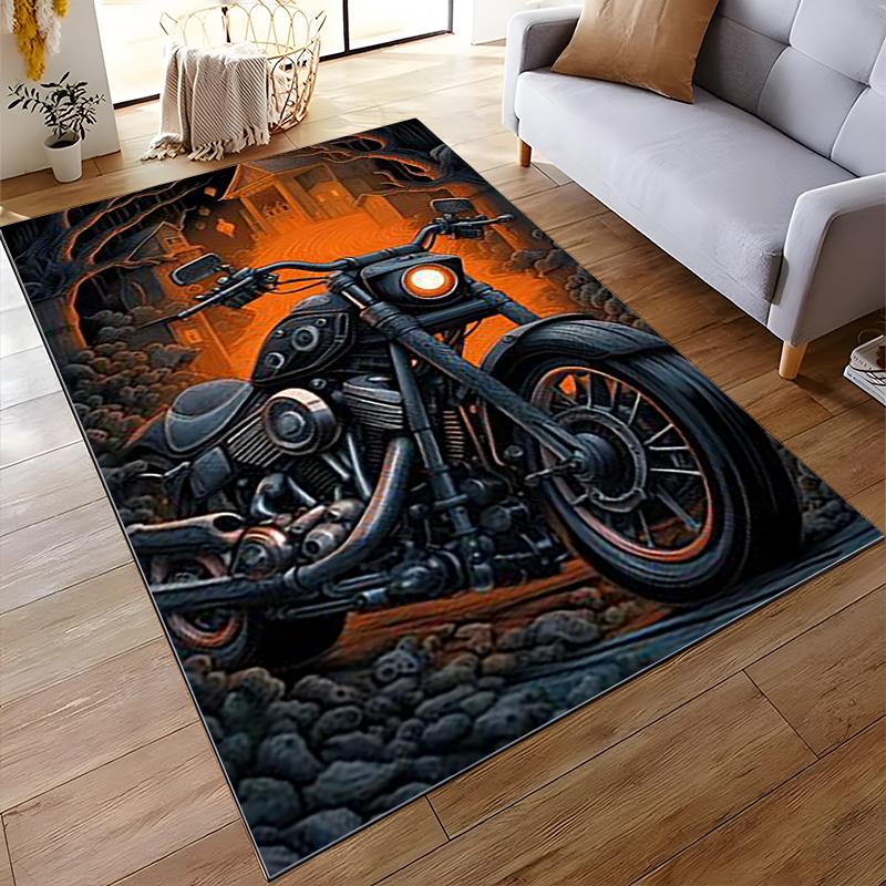 "Motorcycle Design Rug with Fiery Orange Background for Home Decor" Suitable for use as an anti-slip for living room bedroom sofas