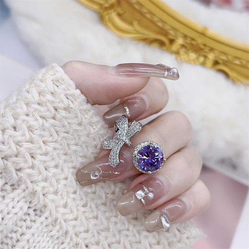 Purple Zircon Bowknot Fairy Diamond Ring - Adjustable, Trendy Women s Design Adjustable Open Size