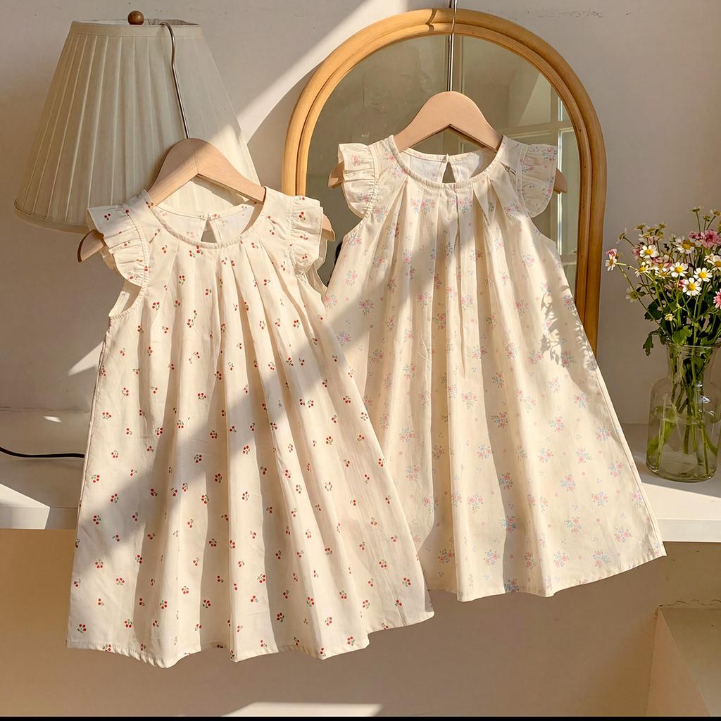 Sweet Cherry Print Girls Dress Summer Flutter Sleeve Pleated Skirt Baby Clothing