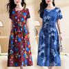 Elegant Plus Size Cotton Silk Knee-Length Dress with Waist Cinch for Middle-Aged Women