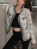 Autumn Winter Small Shoulder Bag Style Vintage Round Neck Knit Chunky Tweed Short Jacket Women Casual Blazer Trendy