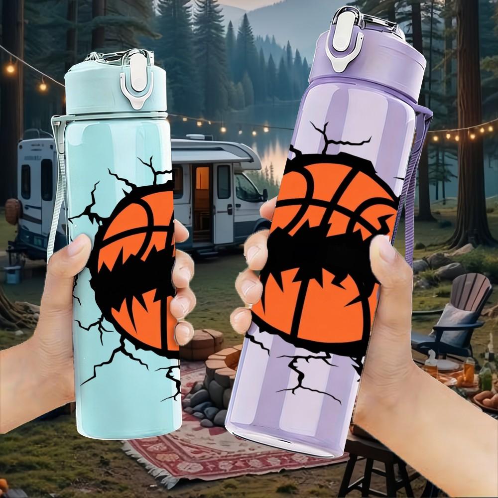1PC Cracked Basketball Sport Graphic Art 750ml Color Plastic Sports Water Bottle Leakproof Flip Straw Lid Suitable for Sports Office Home Use
