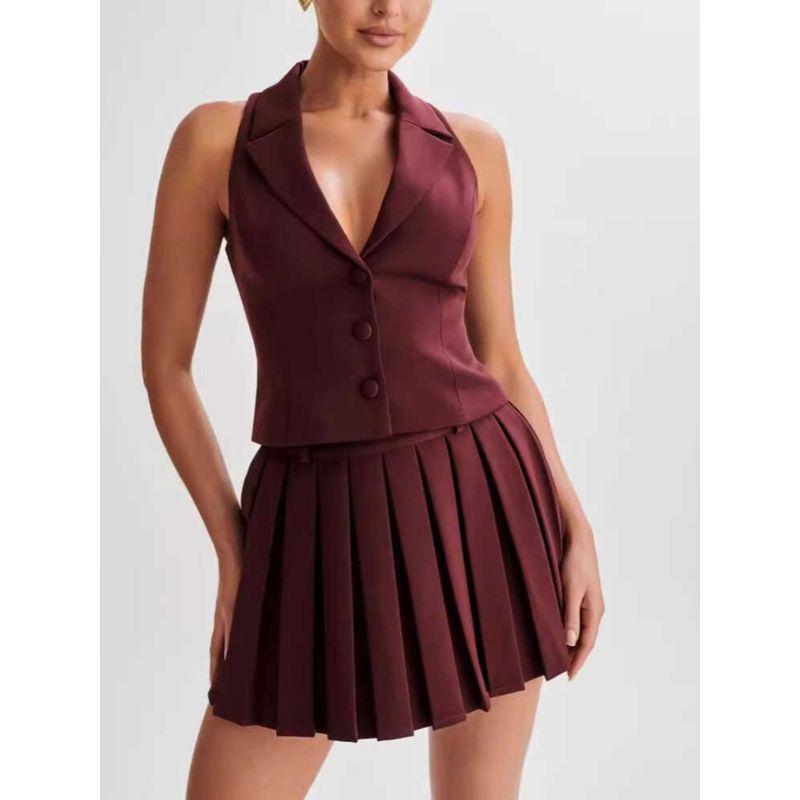 French Style Temperament V-neck Buttons Sleeveless Slim-Fit Crop-Top Women + Fashion High Waist Pleated Skirt Suit New Arrival