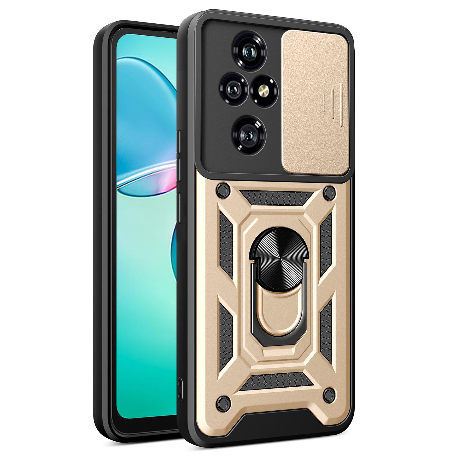 

For Honor 200 Pro 5G Kickstand Case PC+TPU Phone Shell with Slide Camera Lid Gold