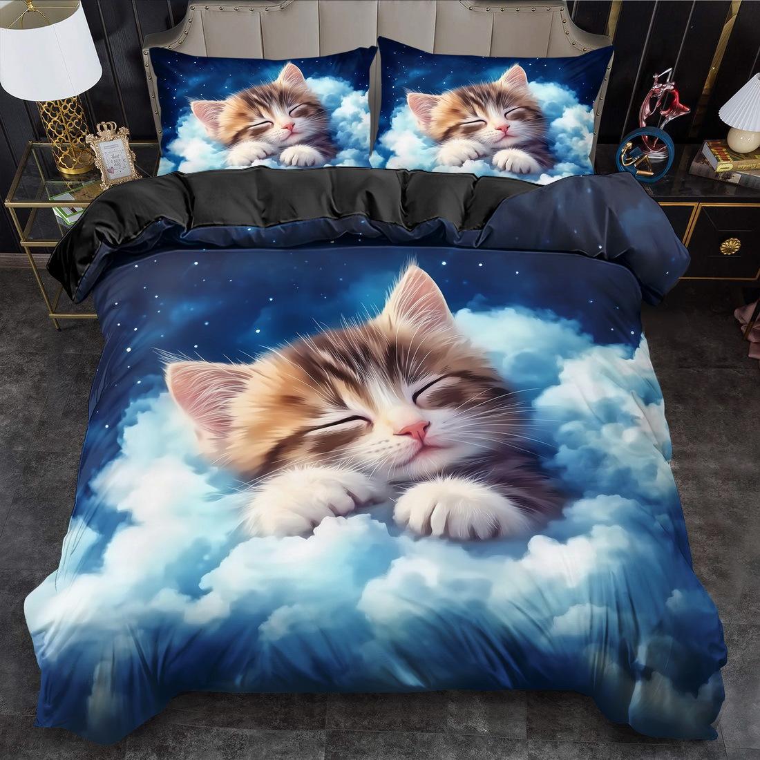 

2/3Pcs Quilt Cover Set, Cartoon Animal Cat Printed Duvet Cover Set, King Queen Style Bedding Set, Polyester Machine Washable US Twin(172x218cm)