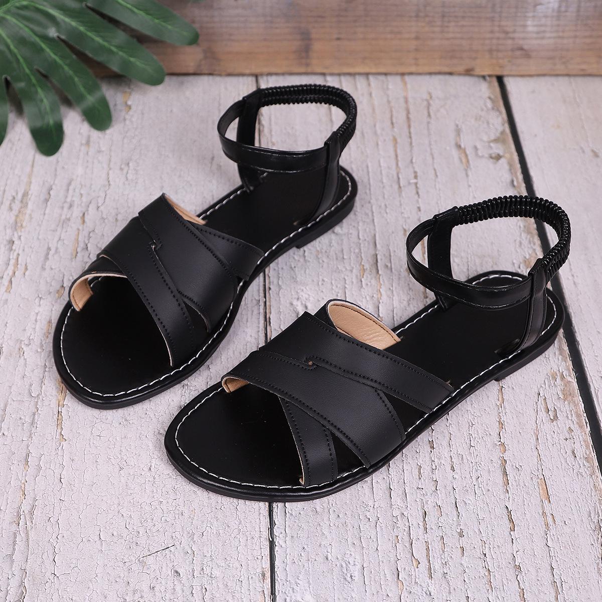 

Лето 2025 новые модные сандалии на плоской подошве, модные универсальные сандалии с перекрестными ремешками, повседневные пляжные сандалии с открытым носком 43 чёрный