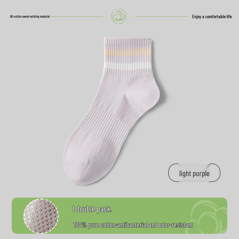 Women's Cotton Mid-Calf Socks - Antibacterial, Sweat-Absorbing, Deodorant, Casual Sport Striped for Spring/Summer
