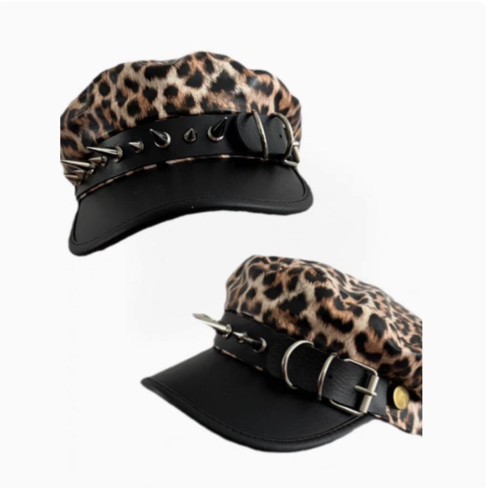 Dames Hoed Baret Luipaardprint Met Studs Subcultuur Retro Leer Schilder Hoed