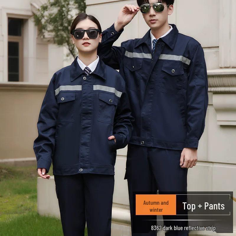 Reflective Polyester Cotton Workwear Set - Durable, Dirt-Resistant Clothes for Spring and Autumn Construction and Workshop Use