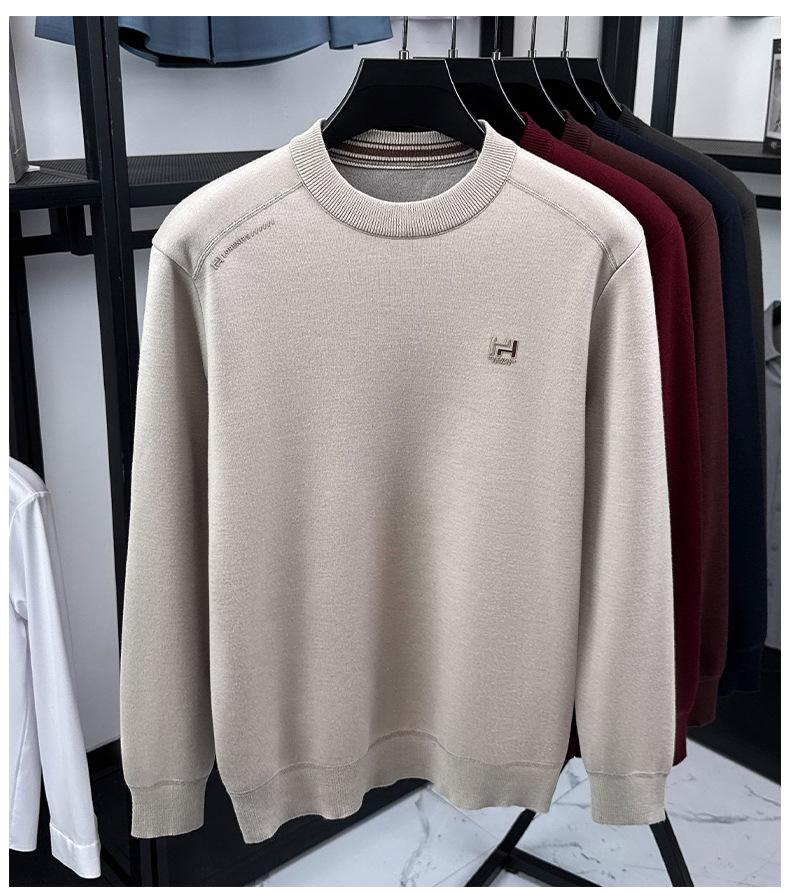 Men's 2025 Pullover Hoodie: Thickened Velvet, Solid Color, Round Neck Knitwear for Middle-Aged and Elderly Men