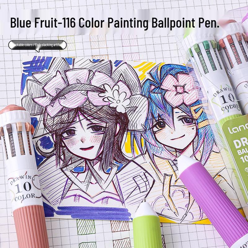 Blue Fruit 10-Color Stackable Ballpoint Pen for Kids' Art & Journaling - Multi-Color Press-Type Student Drawing Pen