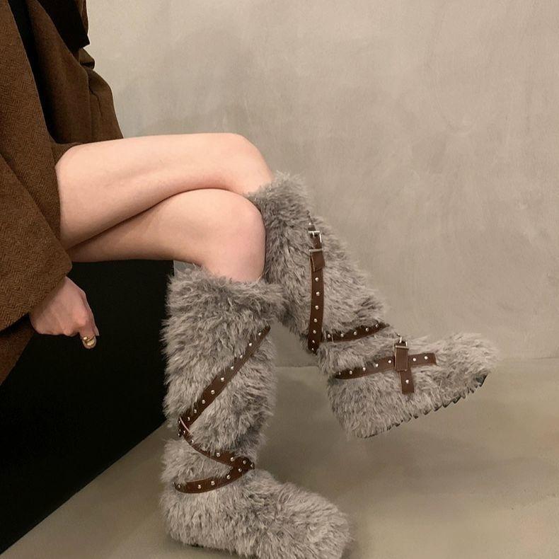 Women's Fur Integrated Thick Bottom Heightening Winter Lightweight Padded Warm Plush Snow Boots Non-slip Wear Casual Sports Tall Cotton Boots