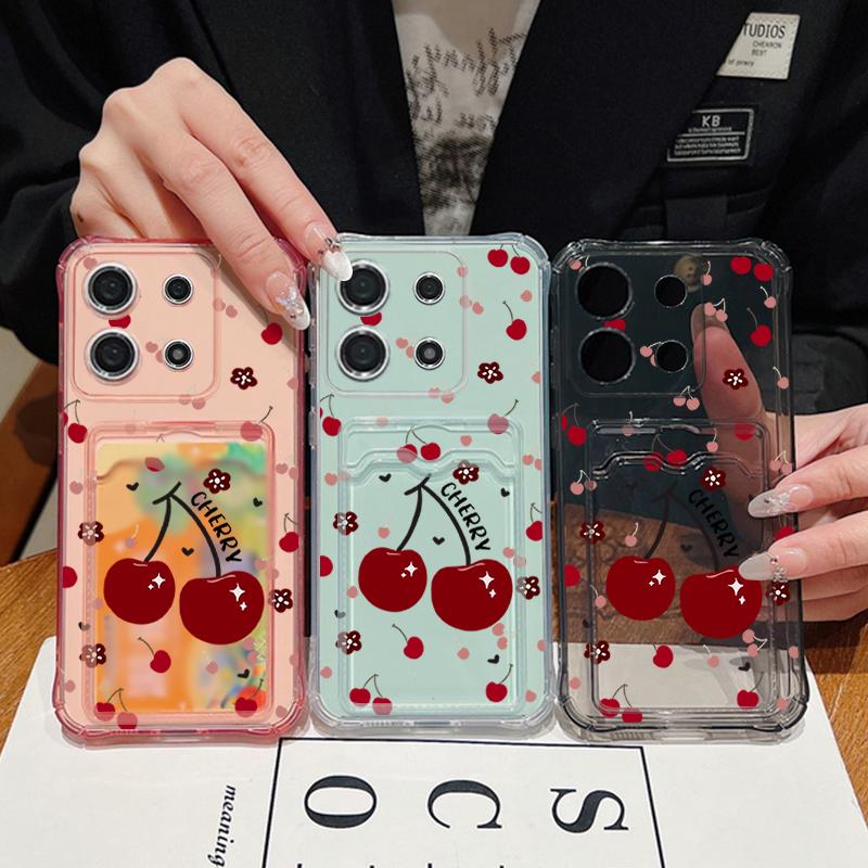 Cherry Pattern Soft Silicone Slim Phone Case For Xiaomi 14T 13T Pro Poco F6 X6 Pro C65 Redmi Note 13 12 Pro 11 Shockproof Clear Card Slot Back Cover