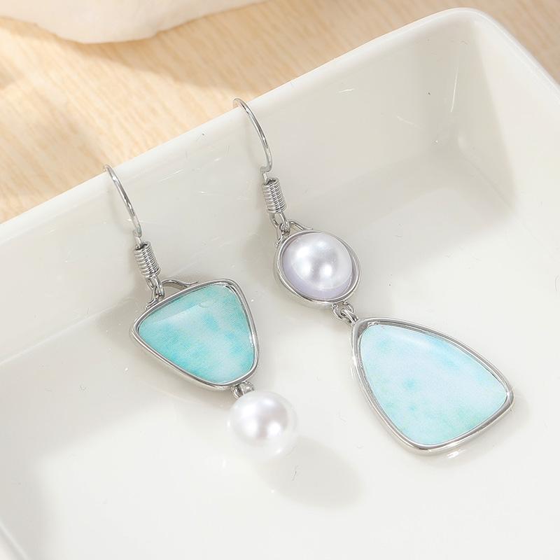 

Ethnic Round Inlaid Imitation Pearls Women s Earrings Vintage Silver Color Paste Light Blue Pattern Dangle Earrings Woman