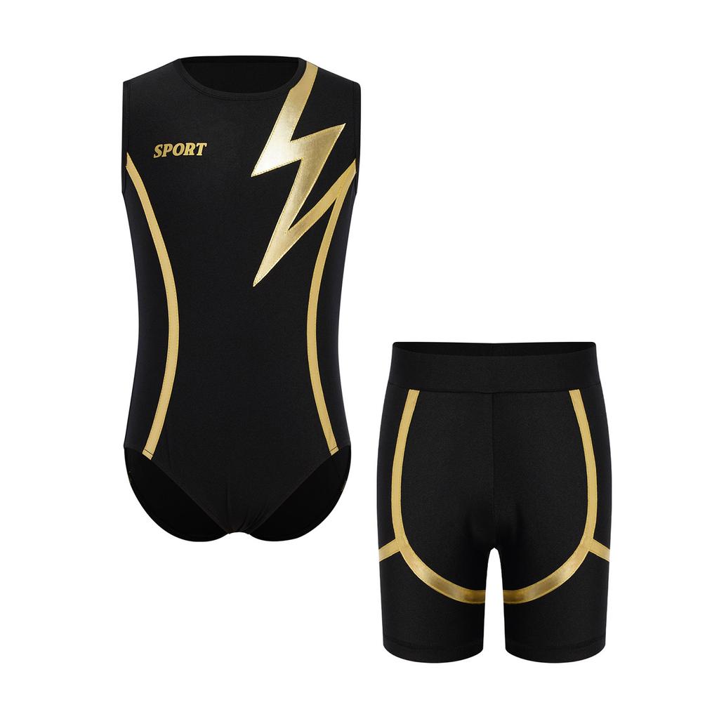 Boys Shiny Contrast Leotard Sleeveless Press Button Crotch Shorts Gymnastics Outfit