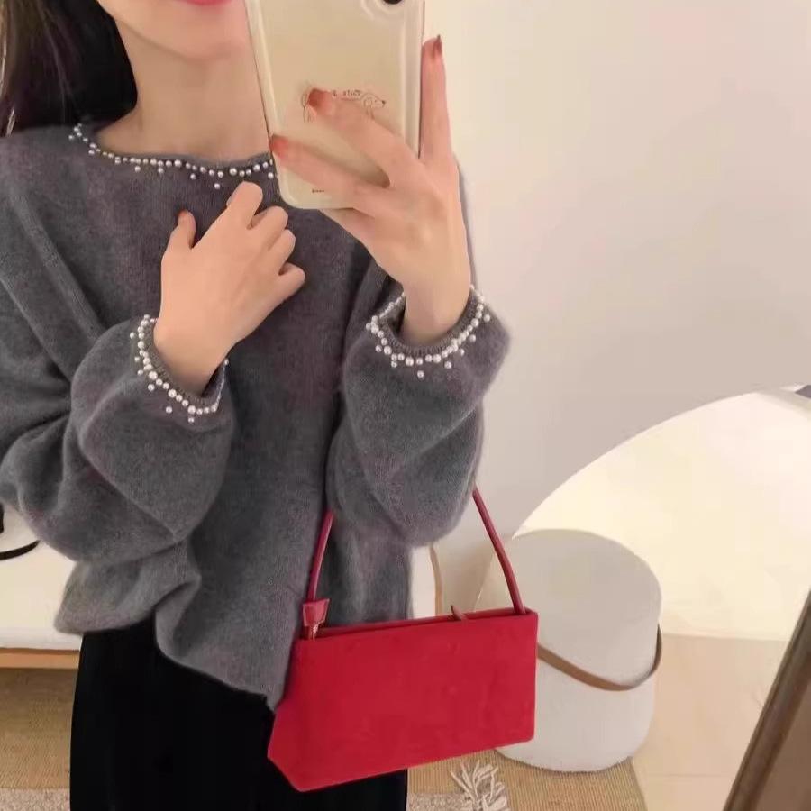 Arctic velvet, heavy industry solid color beaded imitation wool crew neck knitted sweater for women's autumn and winter gentle wind inside