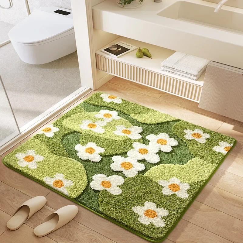 Square Floral Bath Mat, Ultra Plush Absorbent Bathroom Rug, Non-Slip Backing & Soft Touch Surface, Floor Mats for Bathroom Decor