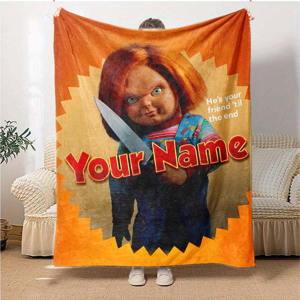 1pc Chucky Blanket with Custom Name, Gift, for Men and Women, Soft Blanket, Good for Sofa Bed Couch Travel, Lightweight Flannel Blanket