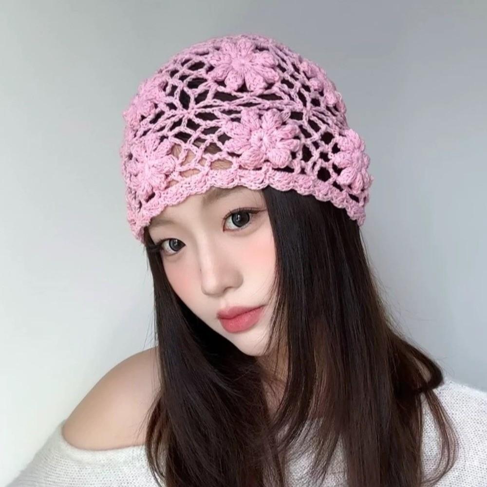 Handmade Knit Basin Caps Hollow Beanies Cap Ethnic Crochet Flower Hat  Ladies