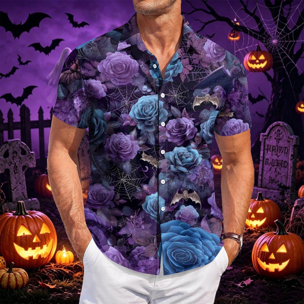 Men Short Sleeve Button Down Shirt with Halloween Themed Printed Design Casual Fit Lightweight Material Suitable for Daily Wear