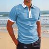 Men's Light Blue Polo Shirt Slim Fit Half-Zip Collar Short Sleeve Casual Breathable