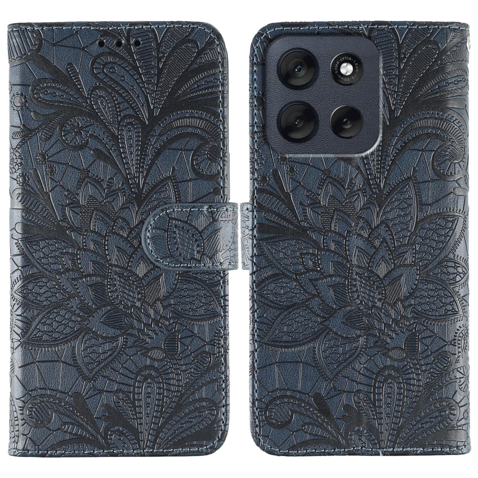 

For Motorola Moto G56 5G Case Lace Flowers PU Leather Flip Wallet Phone Cover Dark Blue