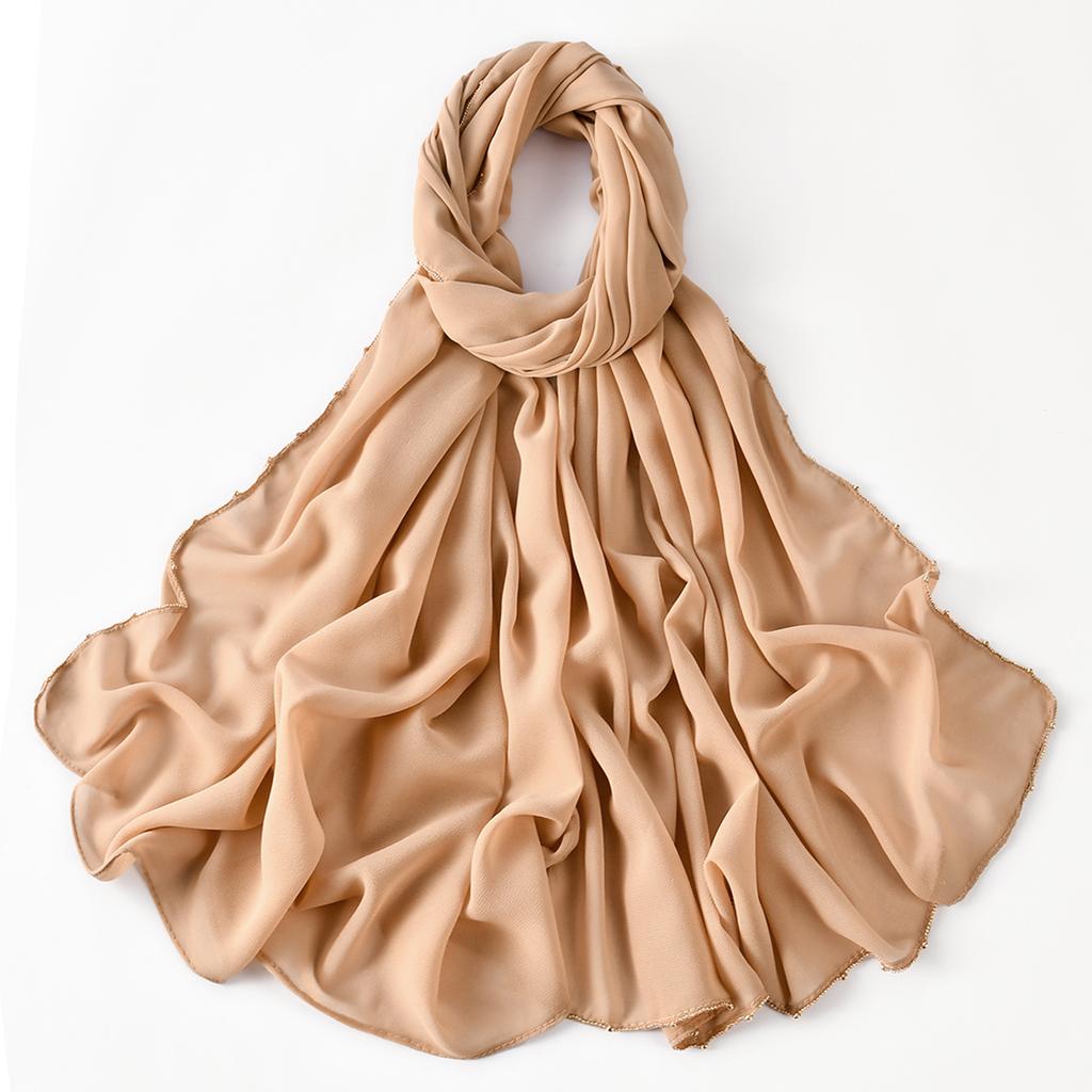 Muslim Chiffon Hijab Women Glitter Chain Edge Premium Chiffon Scarf Solid Color Plain Shawl Unique Edge Design Headscarf Wraps