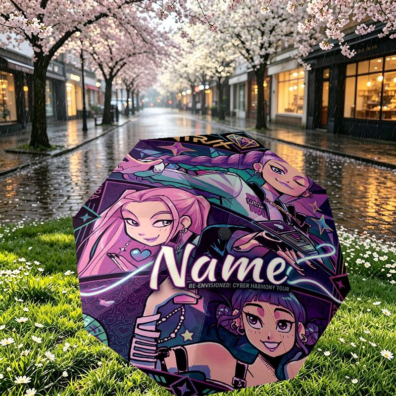 Custom Name Personalized Kpop Demon Hunter Print Umbrella, Auto Open Close, 8‑Rib Sturdy Frame, Commute Camping Hiking Use, Birthday Gift