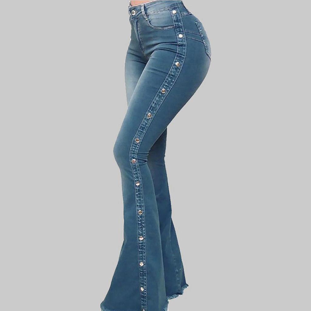 Summer Women's Button Slim Front And Back Pocket Zipper Design Flared Leg Work Pants Denim Trousers