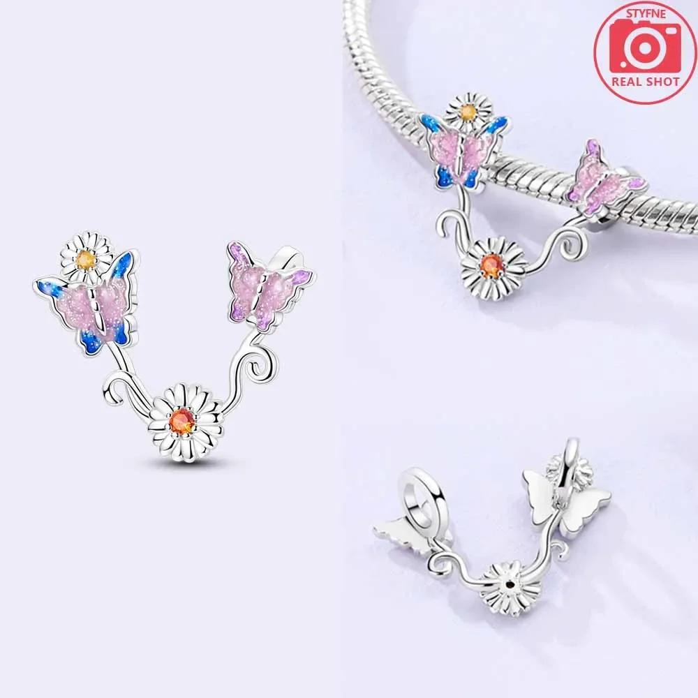 Charm Bead Charms Pink Butterfly Colourful Moon Flower Bead Charms Compatible With Authentic copper Certified Bracelets Anniversary Gift Diy