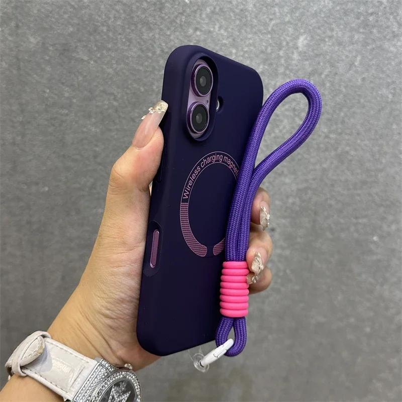 Wrist Strap Magnetic Phone Case For iPhone 17 15 14 11 12 13 16 Pro Max Air Liquid Silicone For Magsafe Lanyard Protector Cover