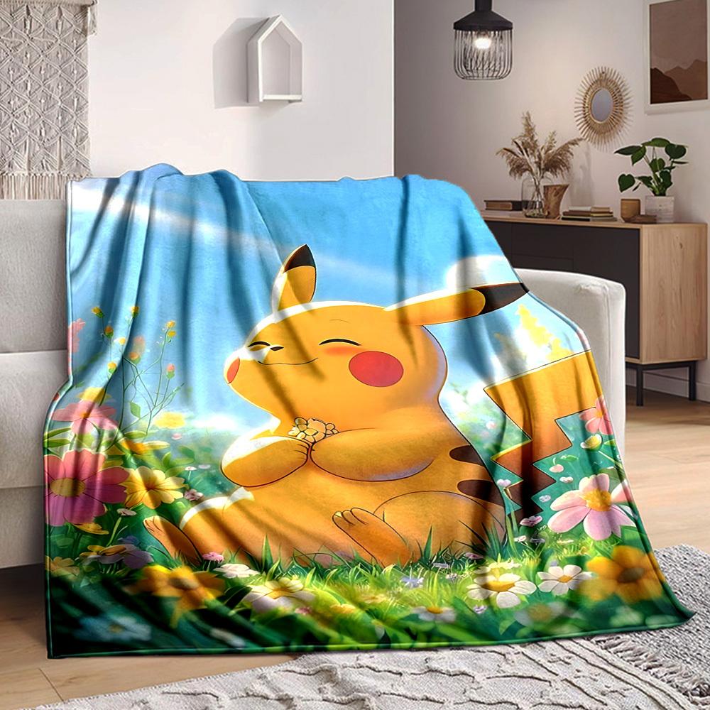 1pc Pikachu, Flowers Blanket Lightweight Flannel Blanket Throw Blanket For Sofa, Bed, Travel, Camping, Livingroom, Office, Couch