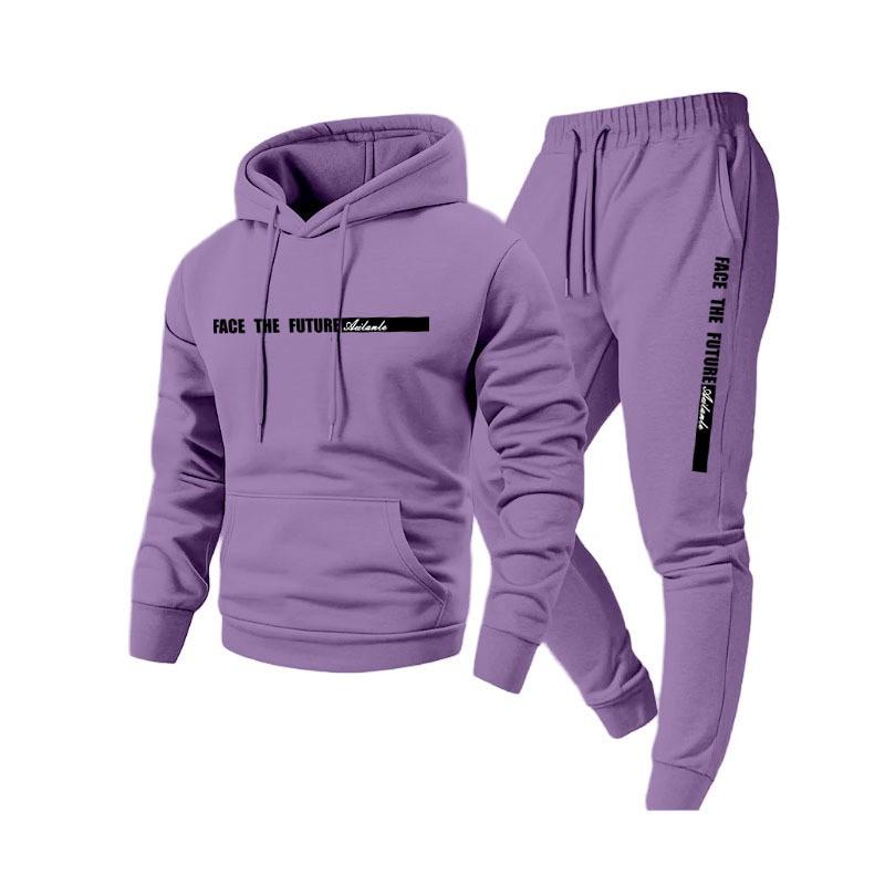Mens Casual Hooded Sweatshirt Set With Letter Print Fleece-Lined Top Pants Winter Streetwear
