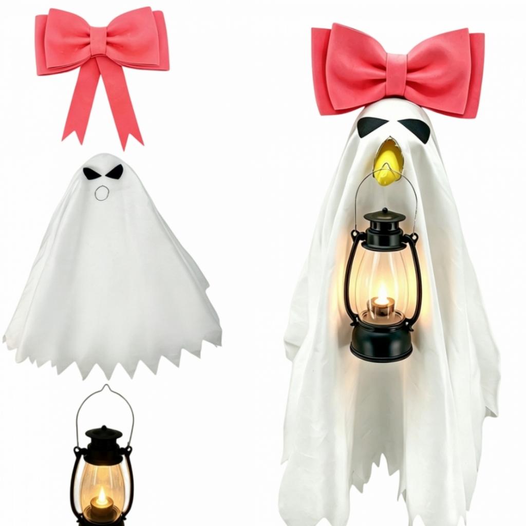 Halloween 23inch Ghost Porch Goose Costume With Bowknot LED Lantern, Scary Halloween Ghost Costume For Lawn Goose Statue Yard Decoration