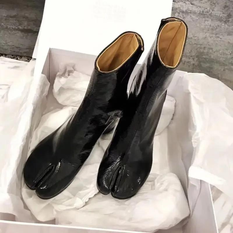 Brand Design Tabi Boots Split Toe Chunky High Heel Women Boots Leather Fashion Autumn Women Shoes Botas