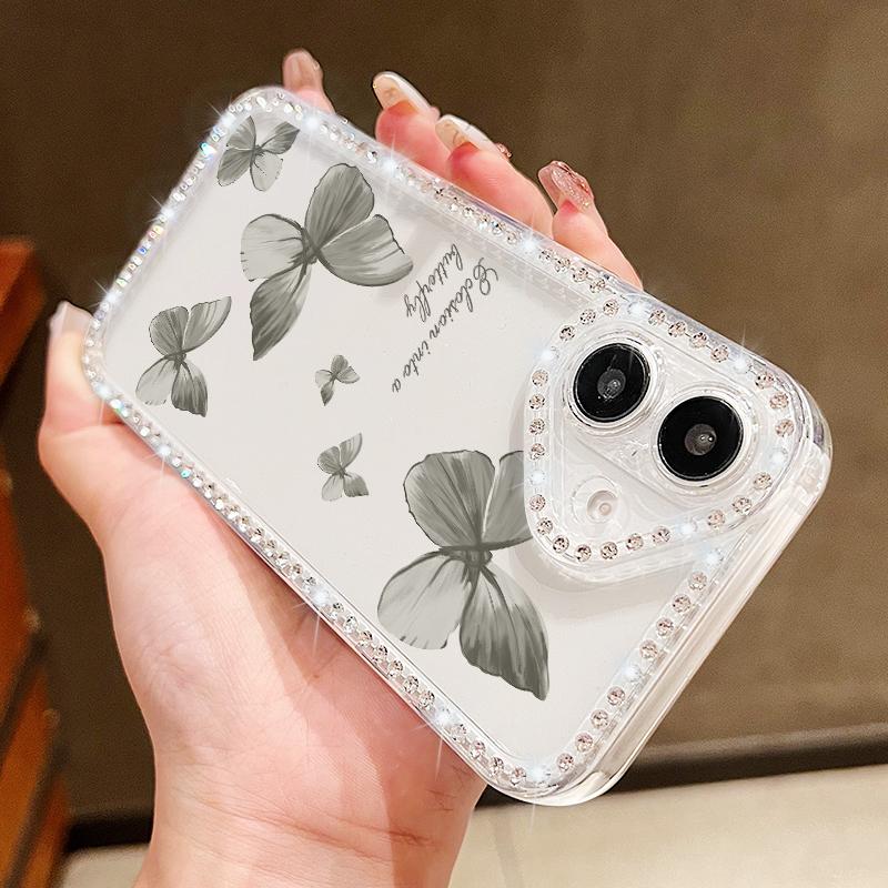 For iPhone 16 Pro 16E 15 Pro Max 14 13 12 11 Phone Case Diamond Frame Butterfly Print Clear Shockproof Soft Silicone Anti-Fall Bumper Cover
