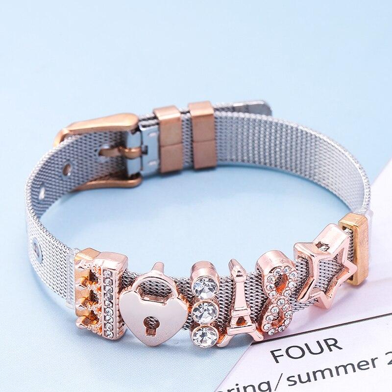 Wysokiej Jakości Bransoletka Siatkowa ze Stali Nierdzewnej w Kolorze Różowego Złota Charmsy Love Lock Delikatna Bransoletka Europejskie Akcesoria do Zegarka Damskiego