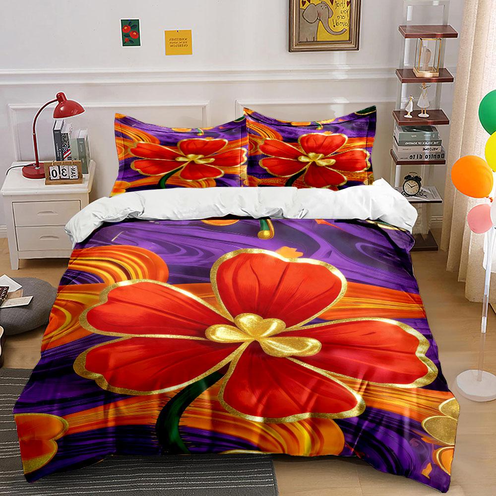 Red flowers with gold. Bedding sets Duvet cover sets Duvet covers Pillowcases(1 * Duvet Cover 2 * Pillowcases without duvet insert)